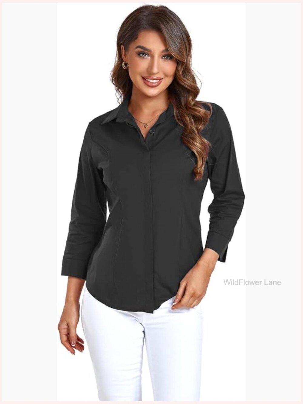 3/4 Sleeve Button Down Blouse Business Work Stretch Office Casual Top